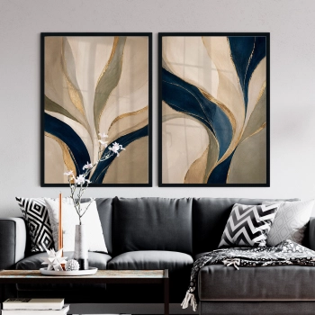 Quadros Decorativos Abstrato Azul e Dourado II