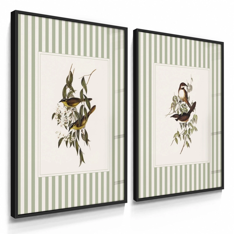 Quadros Decorativos Pássaros e Folhas Listrado