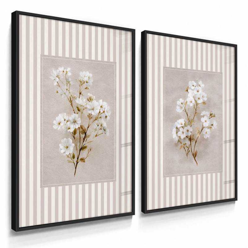 Quadros Decorativos Flores Brancas Listrado