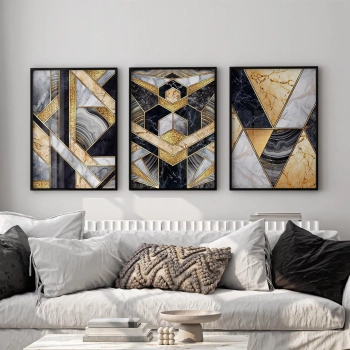 Quadro Decorativo Geométrico Preto e Dourado