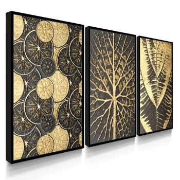 Quadro Decorativo Folhas Trio Dourado