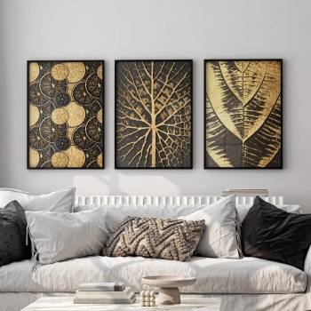 Quadro Decorativo Folhas Trio Dourado