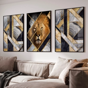 Quadro Decorativo Leão Geométrico Dourado