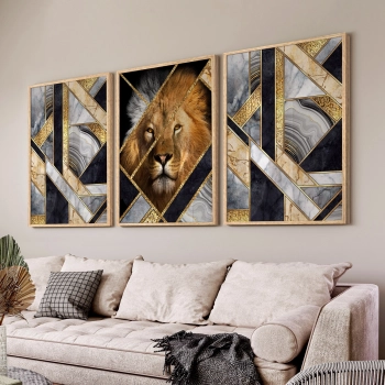 Quadro Decorativo Leão Geométrico Dourado