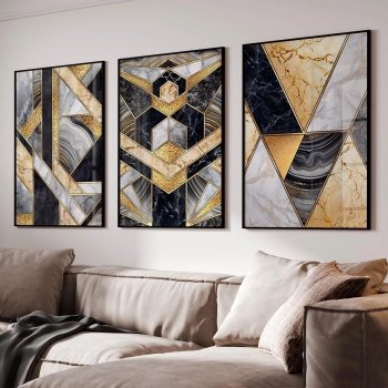 Quadro Decorativo Geométrico Preto e Dourado