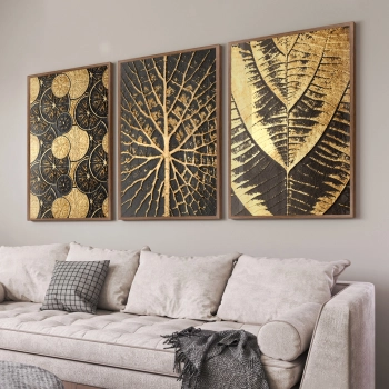 Quadro Decorativo Folhas Trio Dourado