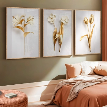 Quadro Decorativo Flor Branco Ouro