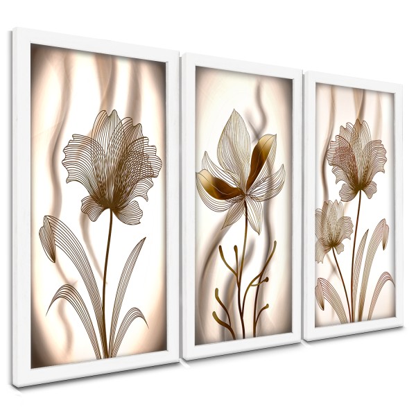 "Trio Quadros Decorativos Flor branco e golden