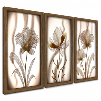 "Trio Quadros Decorativos Flor branco e golden