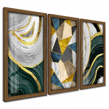 "Trio Quadros Decorativos Abstrato Dourado e Verde