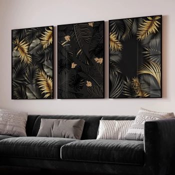 Quadro Decorativo Folhagens Preto Dourado