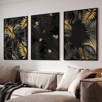 Quadro Decorativo Folhagens Preto Dourado