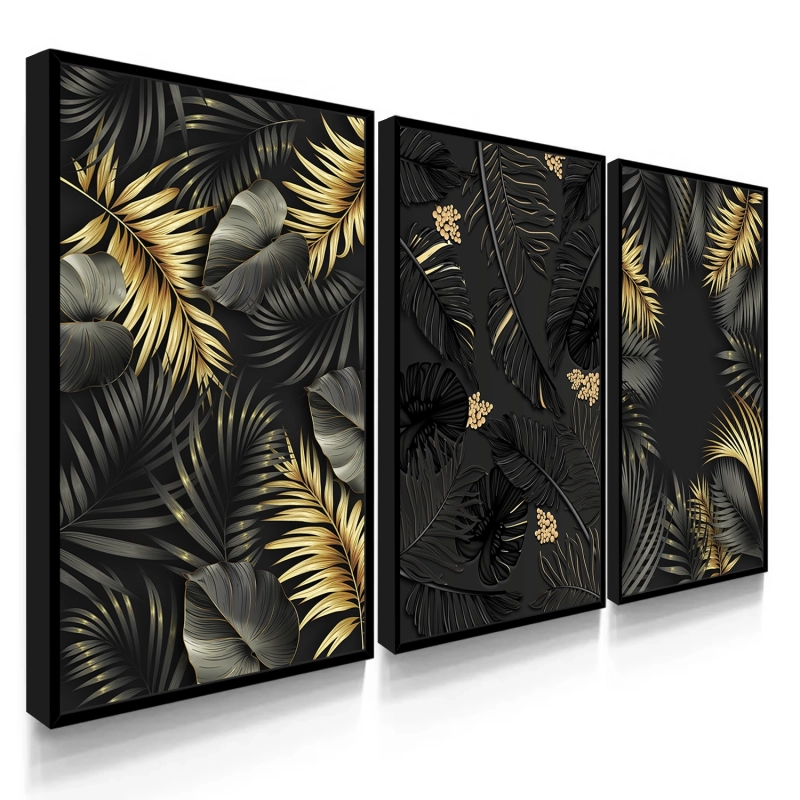 Quadro Decorativo Folhagens Preto Dourado