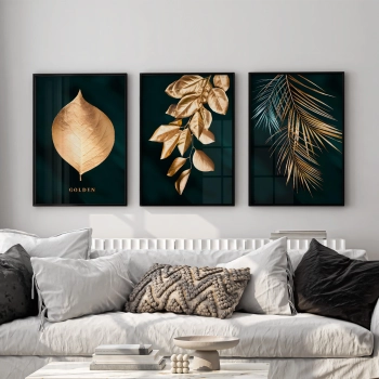 Quadro Decorativo Folhagens Preto Dourado