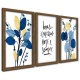 "Trio Quadros Decorativos Flores Azul e Dourado