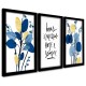 "Trio Quadros Decorativos Flores Azul e Dourado