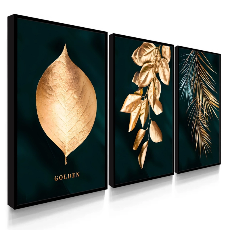 Quadro Decorativo Folhagens Preto Dourado