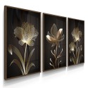 Trio Quadros Decorativos Flores Abstratas Neutro Gold