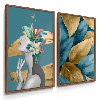 Quadro Decorativo Duo Mulher e Flores Turquesa