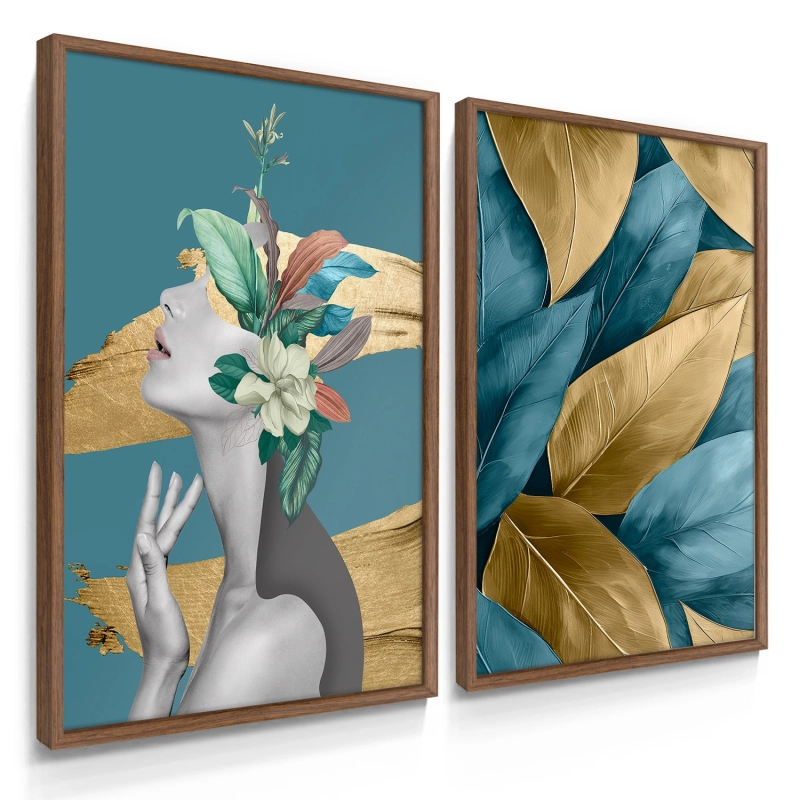 Quadro Decorativo Duo Mulher e Flores Turquesa Quadro Decorativo Duo Mulher e Flores Turquesa