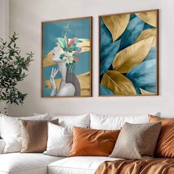 Quadro Decorativo Duo Mulher e Flores Turquesa