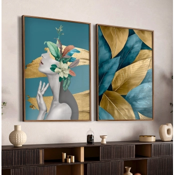 Quadro Decorativo Duo Mulher e Flores Turquesa