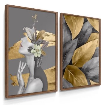 Quadro Decorativo Duo Mulher e Flores Cinza