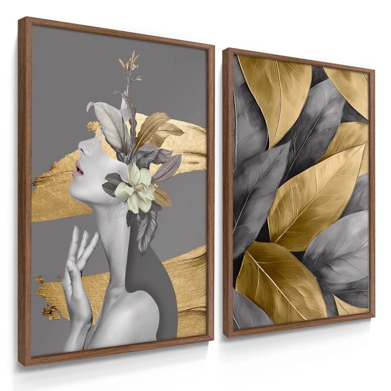 Quadro Decorativo Duo Mulher e Flores Cinza Quadro Decorativo Duo Mulher e Flores Cinza