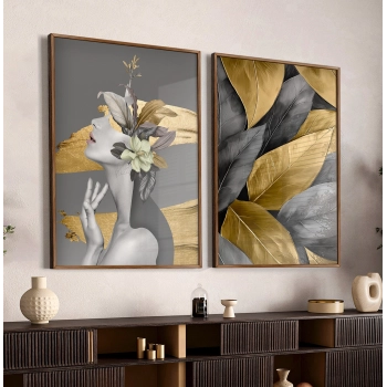 Quadro Decorativo Duo Mulher e Flores Cinza