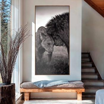 Quadro Decorativo Canvas Casal de Leões Preto e Branco
