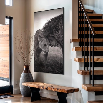 Quadro Decorativo Canvas Casal de Leões Preto e Branco