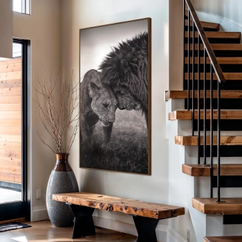 Quadro Decorativo Canvas Casal de Leões Preto e Branco